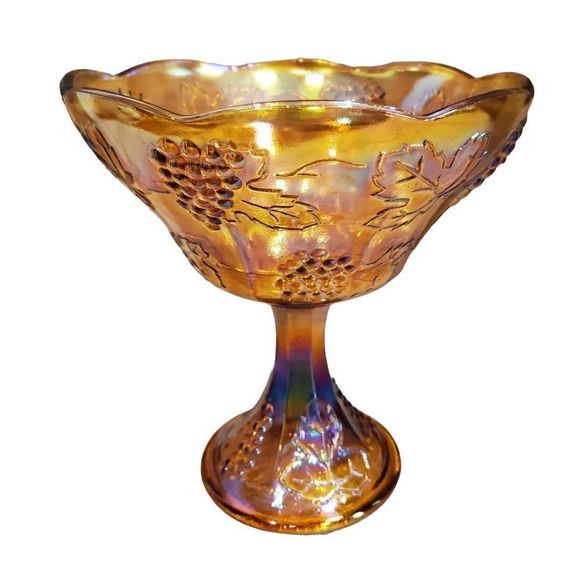 Indiana Glass Iridescent Marigold Scalloped Edge Compote Carnival Glass Circa 19 - Picture 2 of 9